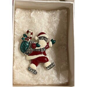Santa Claus Holiday Brooch Pin With Rhinestone Accents & Enamel Detailing Red 2”